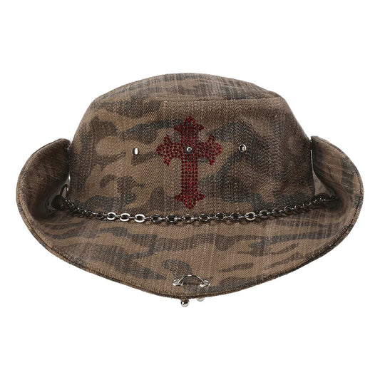 Camouflage rhinestone cross rivet fisherman's hat