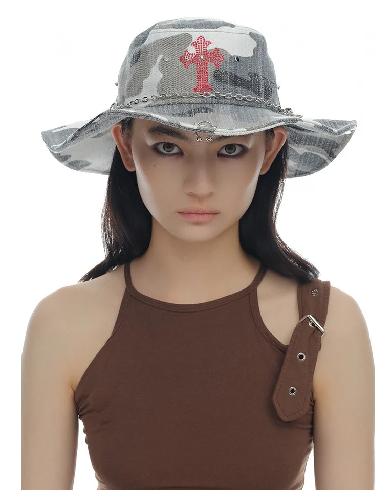 Camouflage rhinestone cross rivet fisherman's hat