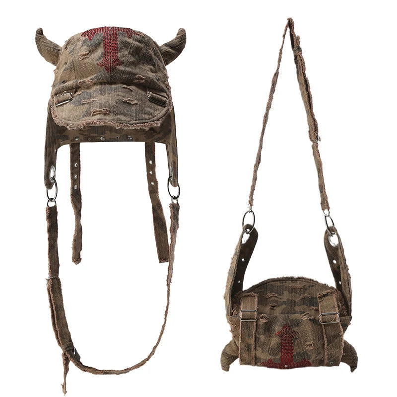 Camouflage horn rhinestone cross bag cap