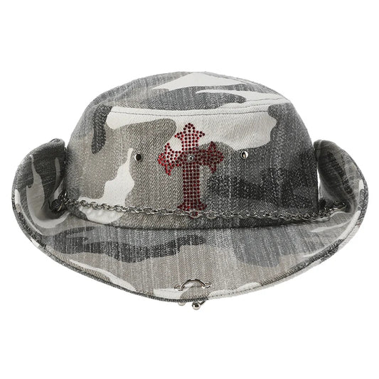 Camouflage rhinestone cross rivet fisherman's hat