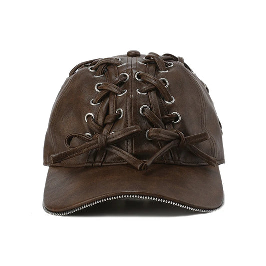 Leather zipper strap baseball cap