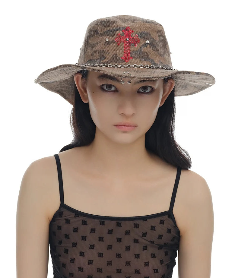 Camouflage rhinestone cross rivet fisherman's hat